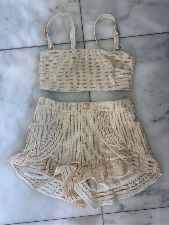 PatBO Pants - Patbo Two-Piece Cream Crochet Crop Top & Ruffle Shorts Set